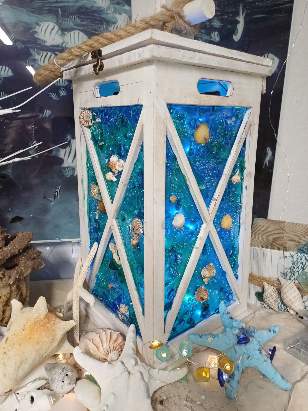🌊 White Coastal Wooden Lantern – 17x9 Square