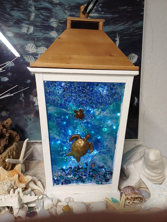 Rustic Coastal Turtle Lantern – 8 Motion Lights + Timer