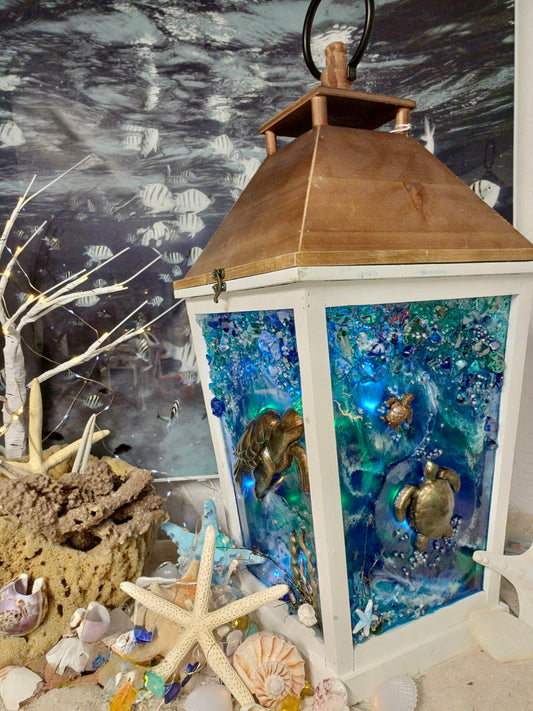 Coastal Wooden-Top Lantern with Multicolor Timer Lights