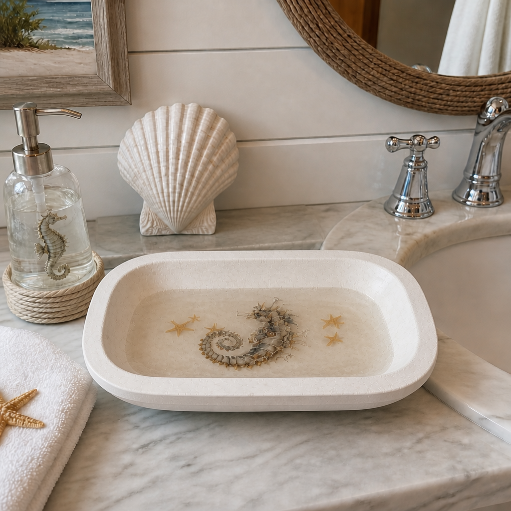 Distressed White Farmhouse Seahorse Resin Bowl – Coastal Handcrafted Décor