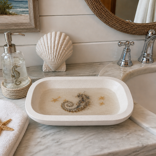 Distressed White Farmhouse Seahorse Resin Bowl – Coastal Handcrafted Décor