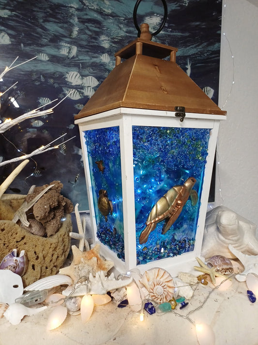 Rustic Coastal Turtle Lantern – 8 Motion Lights + Timer