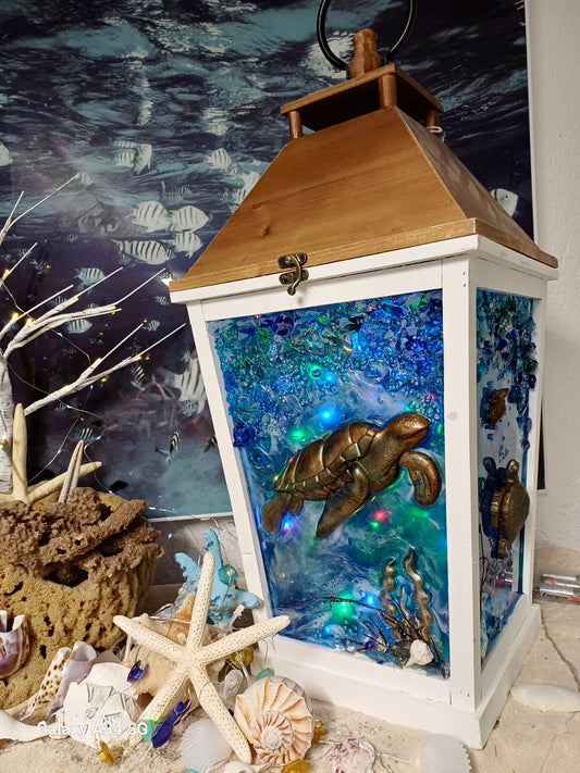 Coastal Wooden-Top Lantern with Multicolor Timer Lights